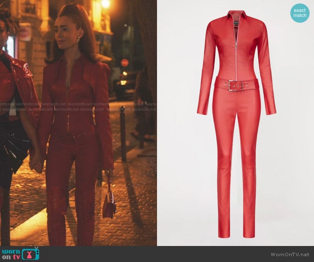 Jitrois Kill Leather Jumpsuit in Deep Red worn by Emily Cooper (Lily Collins) on Emily in Paris