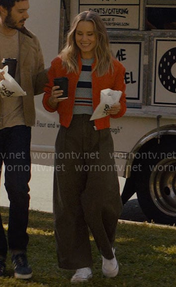 Joanne's blue striped knit top and red bomber jacket on Nobody Wants This