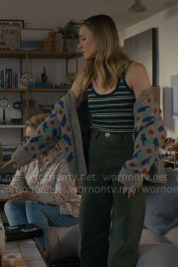 Joanne's striped tank top, printed cardigan and green pants on Nobody Wants This