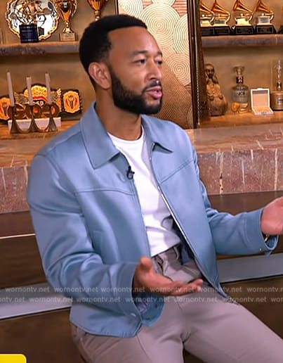 John Legend’s blue zip front jacket on Access Hollywood