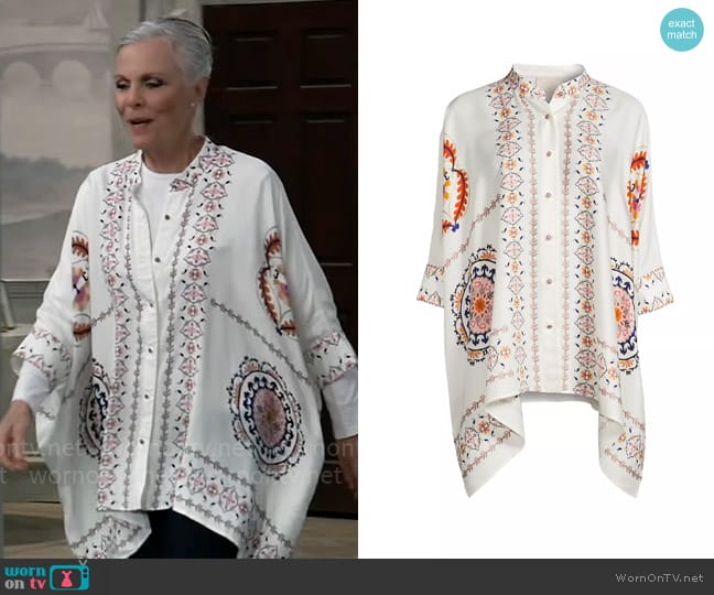 Johnny Was Katia Embroidered Silk-Blend Oversized Blouse worn by Tracy Quartermaine (Jane Elliot) on General Hospital