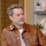 Joshua Jackson’s brown leather embroidered jacket on Live with Kelly and Mark