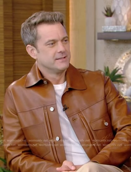 Joshua Jackson's brown leather embroidered jacket on Live with Kelly and Mark