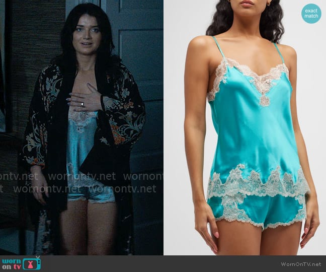 Josie Natori Lolita Lace-trim Silk Camisole and Shorts in Vibrant Jade worn by Amelia Sacks (Eve Hewson) on The Perfect Couple