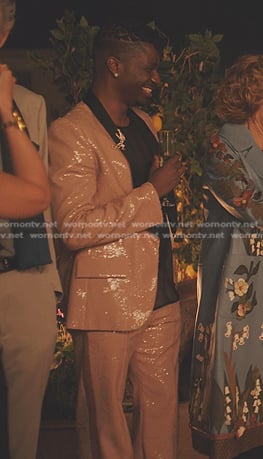 Julien's pink sequin blazer and pant suit on Emily in Paris