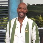 Karamo’s green stripe cardigan on Access Hollywood