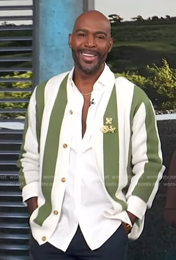 Karamo’s green stripe cardigan on Access Hollywood