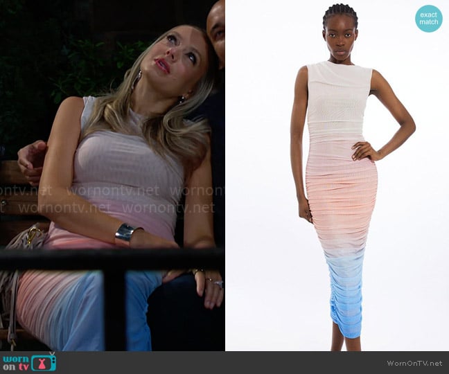 Karen Millen Sunset Ombre Mesh Ruched Jersey Maxi Dress  worn by Abby Newman (Melissa Ordway) on The Young and the Restless