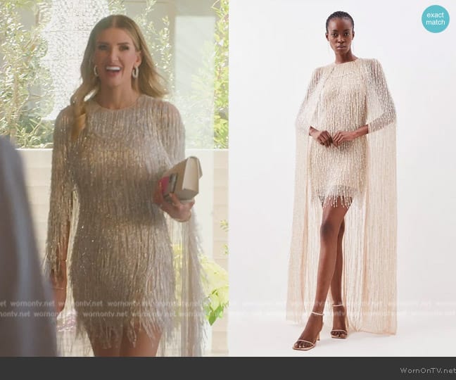 Karen Millen Embellished Fringe Caped Woven Mini Dress worn by Nicole Young on Selling Sunset