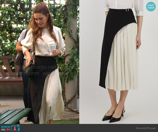 Karen Millen Tailored Buckle Detail Pleated Midi Skirt worn by Victoria Newman (Amelia Heinle) on The Young and the Restless