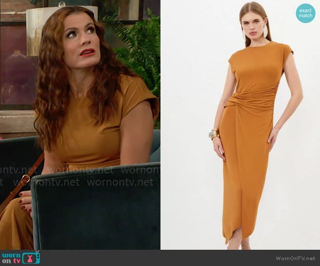 Karen Millen Ruched Waist Jersey Crepe Midi Dress in Toffee worn by Chelsea Lawson (Melissa Claire Egan) on The Young and the Restless