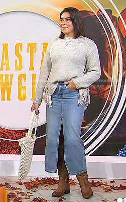 Katie Stilo’s fringed knit sweater and denim skirt on Today