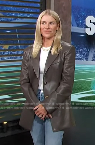 Kelly Stafford's leather blazer on Access Hollywood