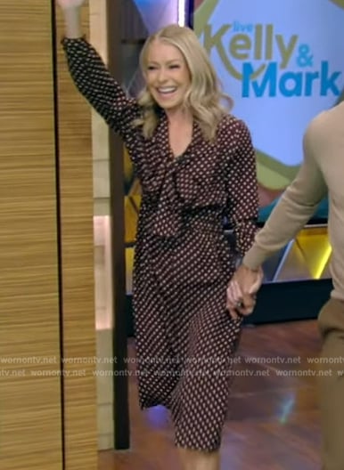 Kelly's burgundy polka dot tie neck dress on Live with Kelly and Mark