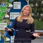 Kelly Cass’ navy dress with white trims on CBS Mornings