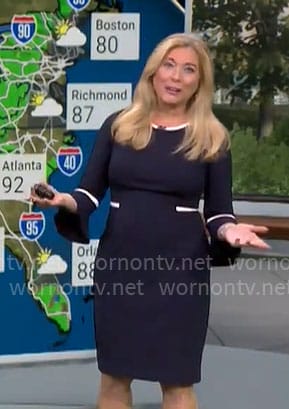 Kelly Cass' navy dress with white trims on CBS Mornings