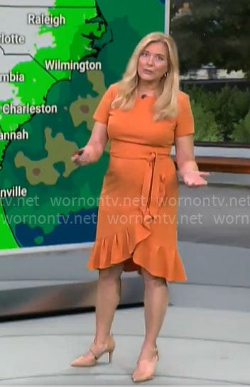 Kelly Cass' orange ruffle hem dress on CBS Mornings