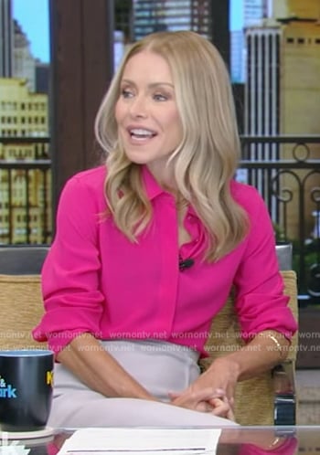 Kelly's pink blouse and skirt on Live with Kelly and Mark