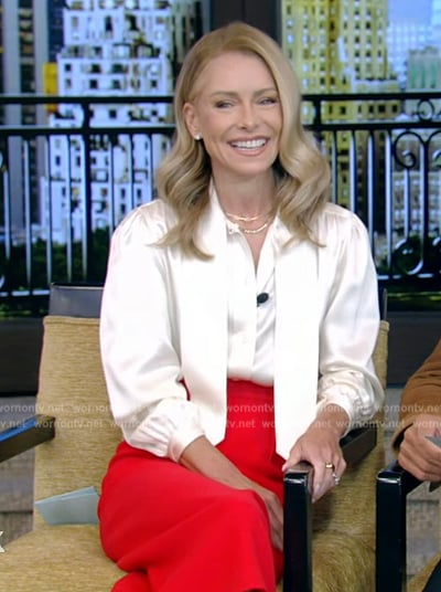 Kelly's white tie neck blouse on Live with Kelly and Mark