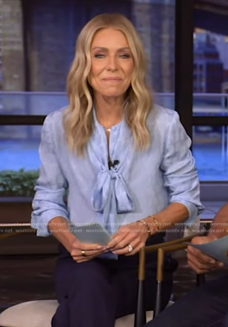 Kelly's blue tie neck blouse on Live with Kelly and Mark