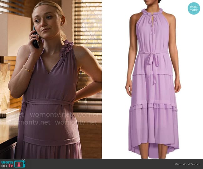 Abby’s purple tiered midi dress on The Perfect Couple