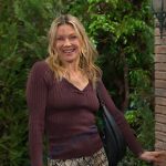 Kristen’s burgundy ribbed top and snake skin mini skirt on Days of our Lives