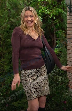 Kristen’s burgundy ribbed top and snake skin mini skirt on Days of our Lives