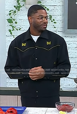 Kwame Onwuachi's black butterfly embroidered shirt on Today