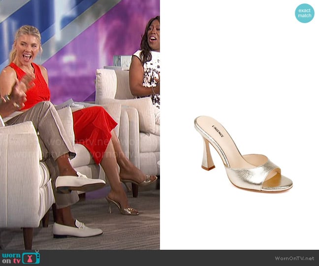 L'Agence Avery Slide Sandal in Gold worn by Amanda Kloots on The Talk