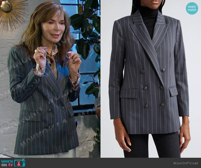 L'Agence Aimee Stripe Double Breasted Blazer in Grey worn by Kate Roberts (Lauren Koslow) on Days of our Lives