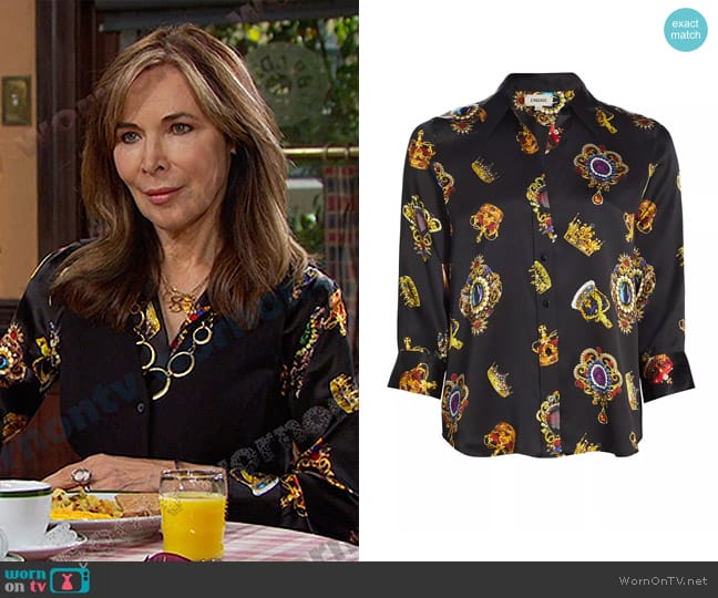 L'Agence Dani Shirt in Black Multi Crown Medallion worn by Kate Roberts (Lauren Koslow) on Days of our Lives