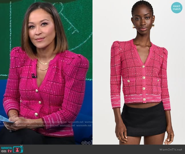 L'Agence Jenni Cardigan in Pink Multi worn by Eva Pilgrim on Good Morning America