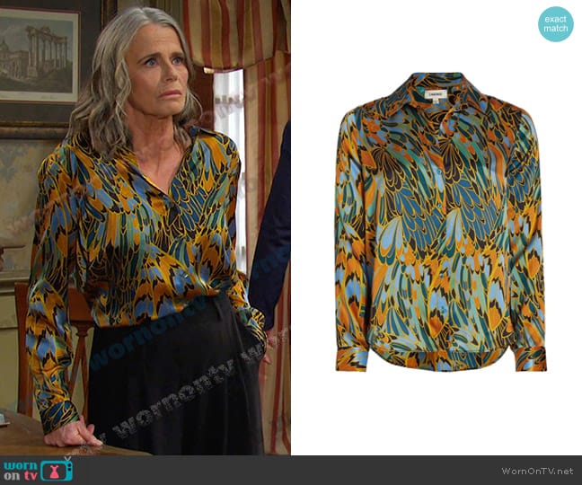 L'Agence Tyler Blouse in Blue Multi Parrot Feather worn by Fiona Cook (Serena Scott Thomas) on Days of our Lives