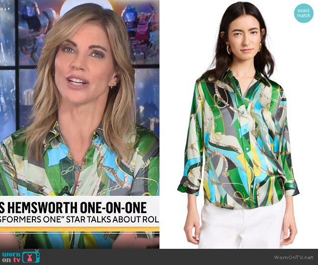 L'Agence Dani Shirt in Sea Green Multi Belt Swirl worn by Natalie Morales on CBS Mornings