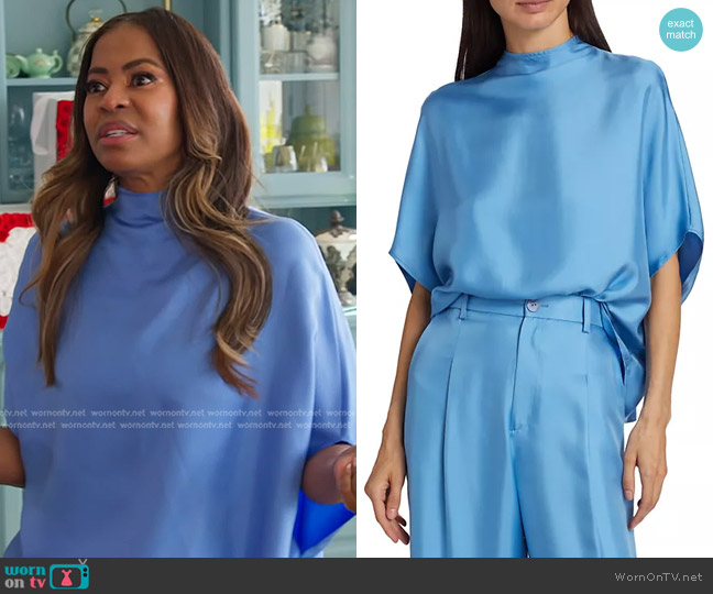 LaPointe Silk Cape T-Shirt in Sky Blue worn by Mary Cosby on The Real Housewives of Salt Lake City