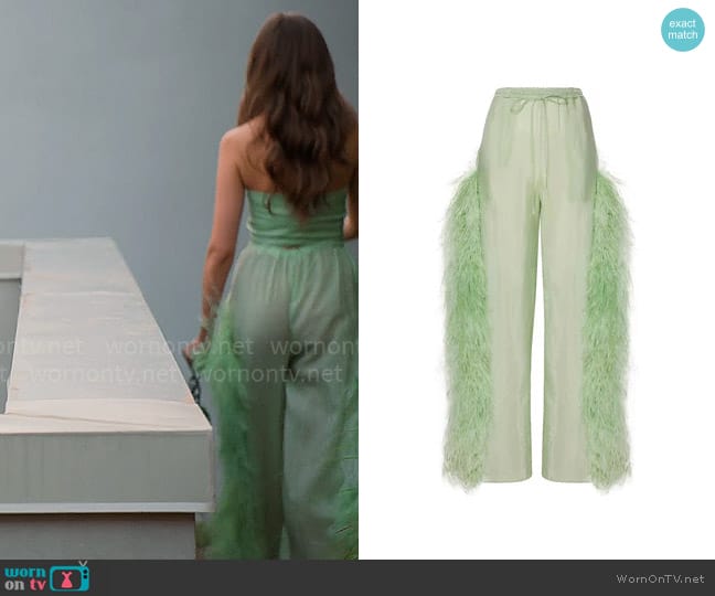 Lapointe Aloe Sheer Cinched Drawstring Feather Pant worn by Jessica Markowski on Owning Manhattan