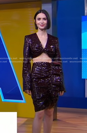 Lily Collins' brown croc cropped top and skirt on Good Morning America