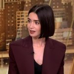 Lily Collin’s burgundy oversized blazer and pants on The View