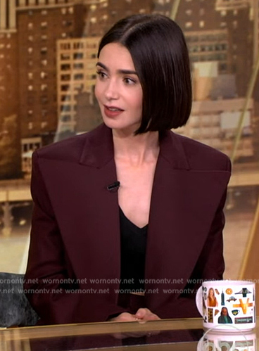 Lily Collin's burgundy oversized blazer and pants on The View