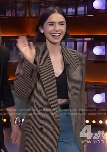 Lily Collins's oversized check blazer on The Kelly Clarkson Show