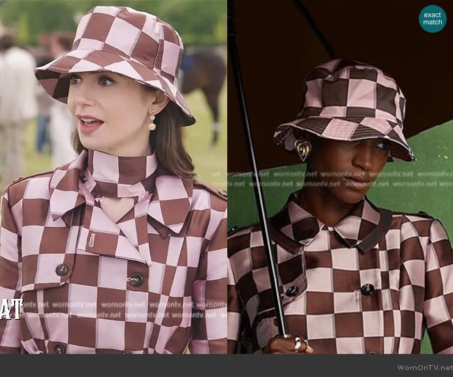 Lisou Pink Brown Puzzle Print Bucket Hat worn by Emily Cooper (Lily Collins) on Emily in Paris