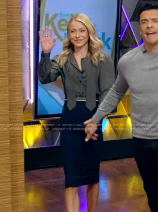 Kelly's black polka dot print tie neck blouse on Live with Kelly and Mark