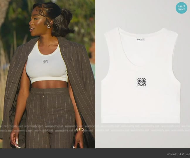 Loewe Cropped embroidered ribbed stretch-cotton jersey tank worn by Chelsea Lazkani on Selling Sunset