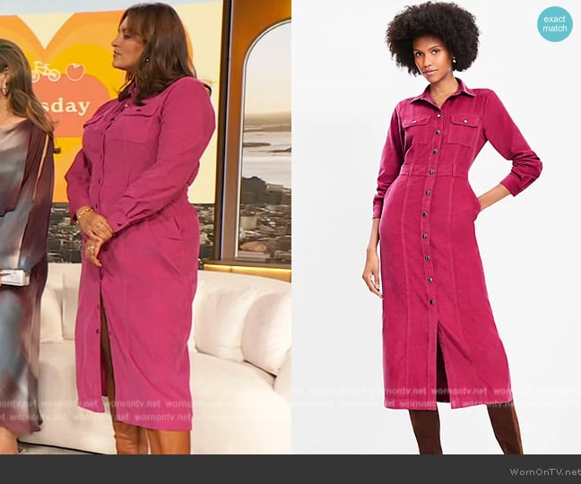 Loft Corduroy Midi Pocket Shirtdress in Magenta Haze worn by Kristina Zias on The Drew Barrymore Show