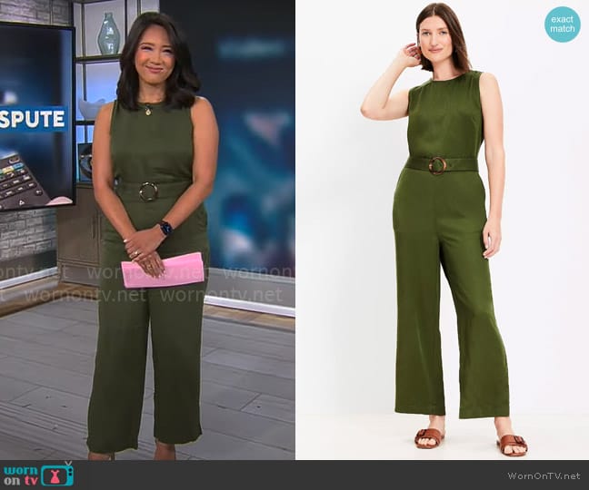 Loft Belted Tank Jumpsuit in Valiant Green worn by Nancy Chen on CBS Mornings