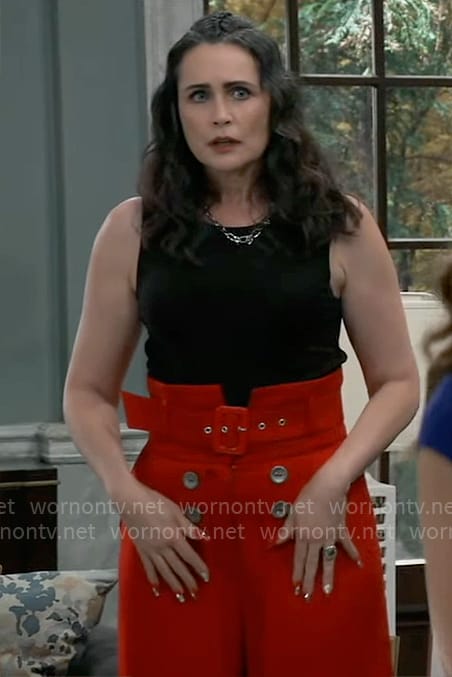 Lois’ red high waisted belted pants on General Hospital