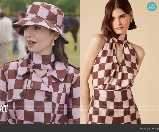 Lisou Louise Pink Brown Puzzle Print Silk Voile Top worn by Emily Cooper (Lily Collins) on Emily in Paris