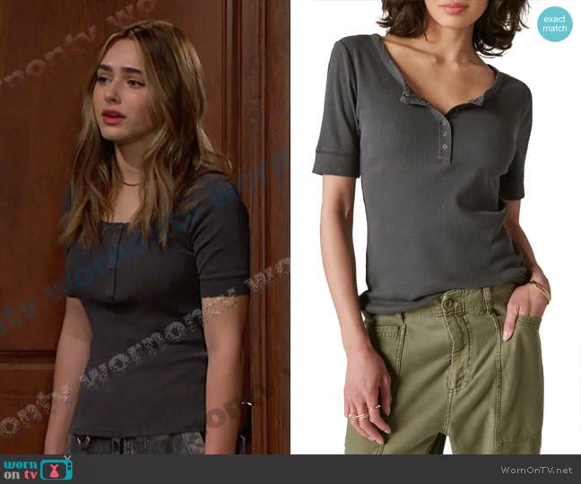 Lucky Brand Snap Front Short Sleeve Cotton Rib Henley in Jet Black worn by Holly Jonas (Ashley Puzemis) on Days of our Lives