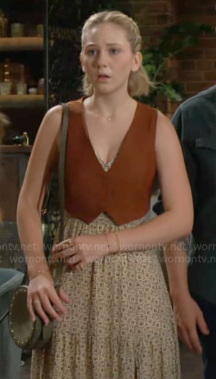 Lucy's beige paisley maxi dress and cropped vest on The Young and the Restless