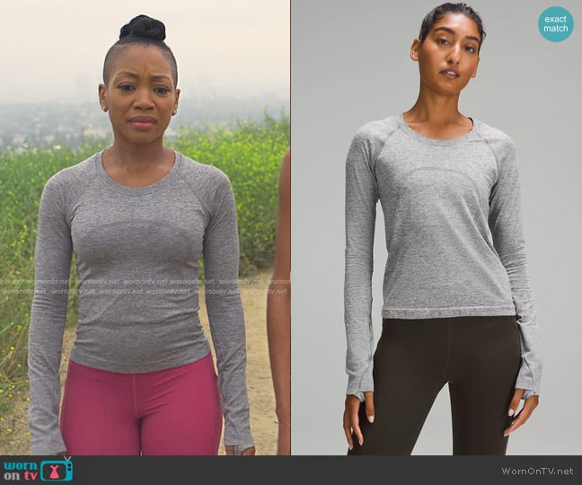 Lululemon Swiftly Tech Long-Sleeve Shirt 2.0 in Slate/White worn by Autumn Owens (Tiffany Yvonne Cox) on Reasonable Doubt